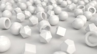 Kaostan düzene geçen beyaz ilkellerin motifleri. Soyut geometrik arkaplan. 3B canlandırma canlandırması