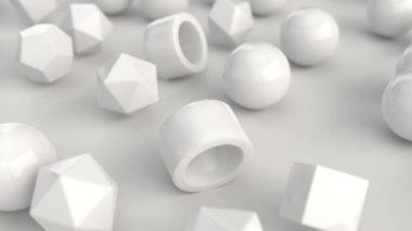 Kaostan düzene geçen beyaz ilkellerin motifleri. Soyut geometrik arkaplan. 3B canlandırma canlandırması