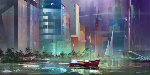 Нарисованный фантастический пейзаж будущего города — стоковое фото