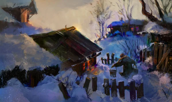 Helles Bild des Dorfes am Winterabend — Stockfoto