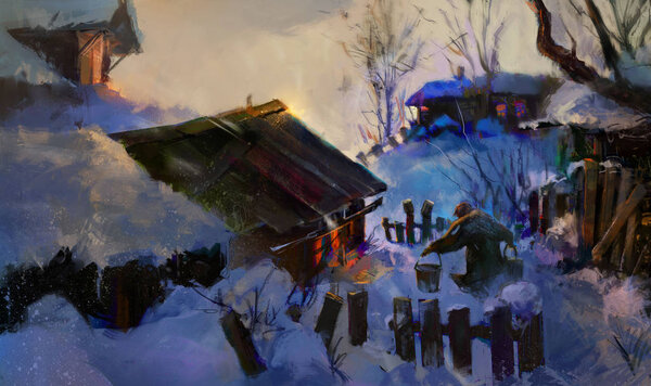 bright picture of the village in the winter evening