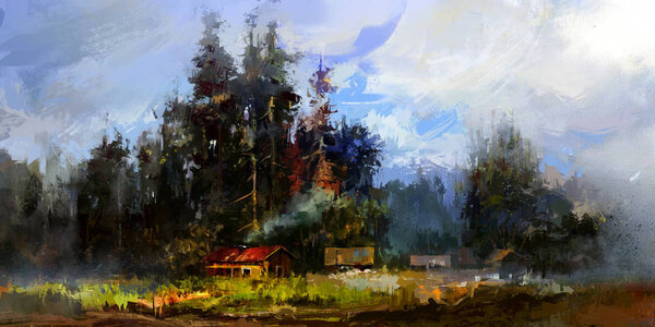 Painted sketch bright summer rural landscape