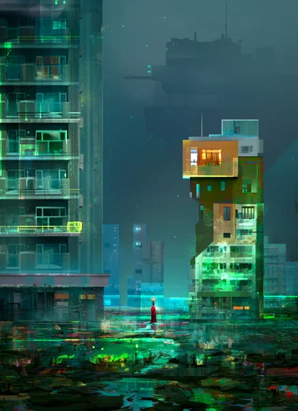 Cyberpunk, gece şehrin gelecekte Ütopya bir çizim