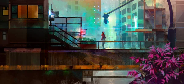 Pintado cidade futura urbana com um homem — Fotografia de Stock