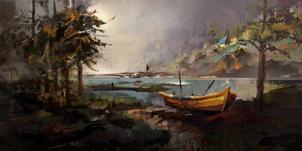 Bir tekne ve bir adam bir orman peyzaj çizim