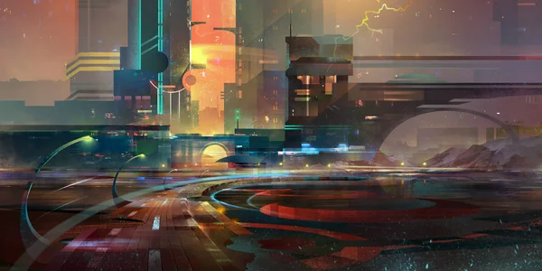 Нарисованный темной фантазией город будущего — стоковое фото
