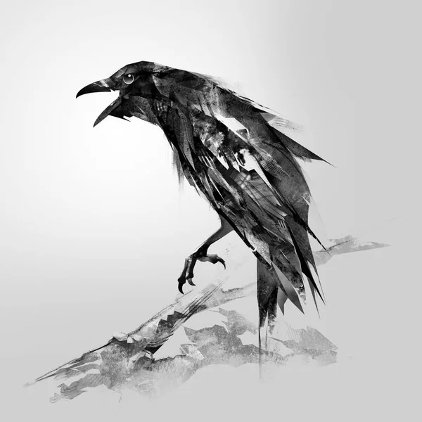 Der gemalte Vogel ist ein Rabe, der auf einem Ast sitzt — Stockfoto