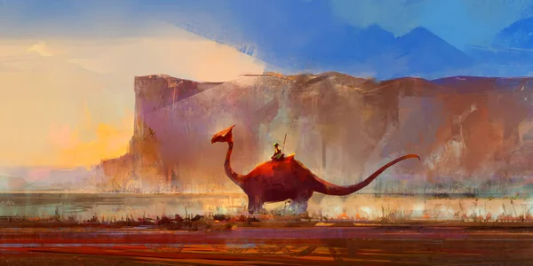 Dinosaurio dibujado sobre un fondo de montañas — Foto de Stock