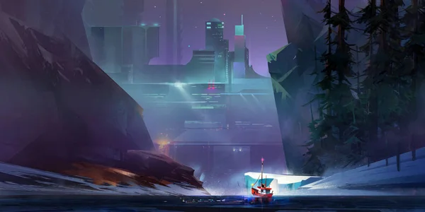 Bemaltes Landschaftsschiff in der Cyberpunk-Stadt der Zukunft — Stockfoto