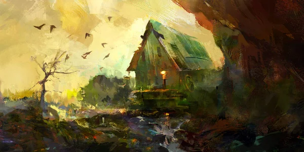 家の秋の風景を描いた — ストック写真