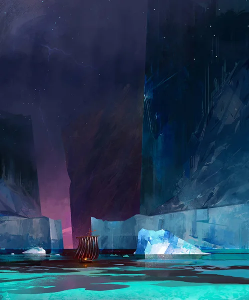 Barco Drakkar pintado entre icebergs — Fotografia de Stock