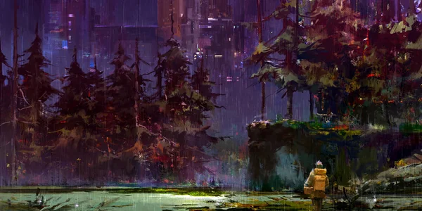 Drawn cyberpunk fantasy night landscape with a traveler in the forest — Stock Photo, Image