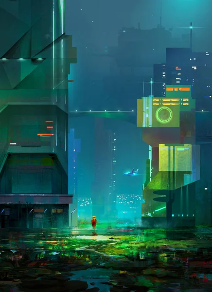 Cyberpunk çizim. Geleceğin muhteşem bir şehir gece kroki