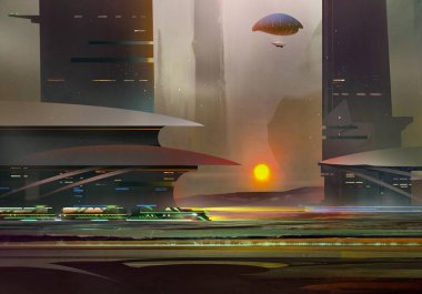 Harika manzara mimari ile geleceğin çizilmiş. Cyberpunk akşam.