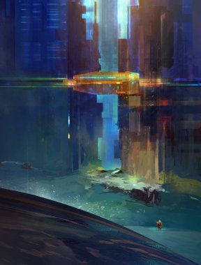 Muhteşem şehir araştırmacı ile kroki. Geleceğin kentleşmiş manzara. Cyberpunk.