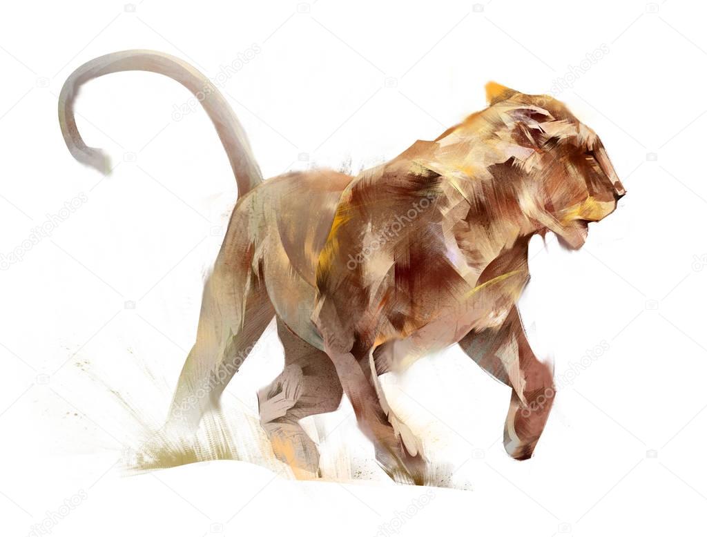 Colored sketch isolated running animal lioness.