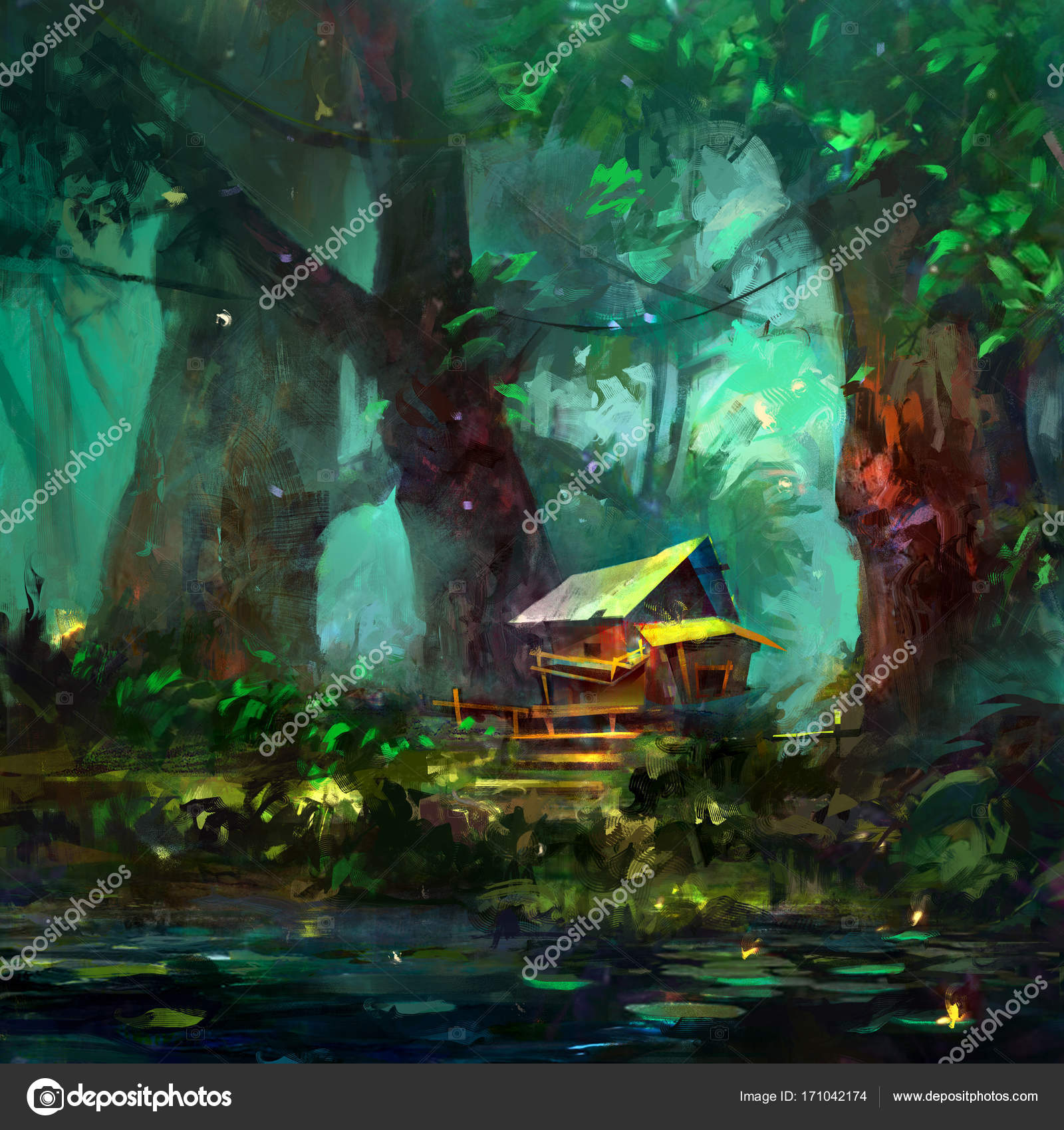 Color drawing of a cartoon house in the forest near the lake Stock Photo by  ©khius 171042174