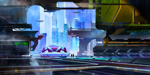 Desenhado é uma cidade fantástica do futuro. paisagem com um espaço-porto no estilo de cyberpunk . — Fotografia de Stock