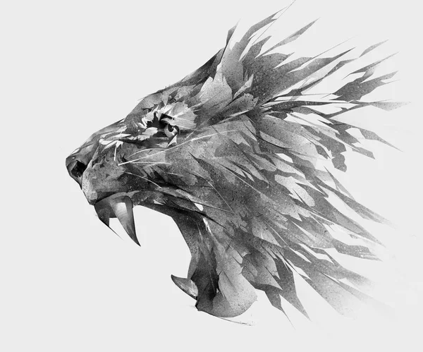 Monochrome isolated stylized drawing of lion face side view — Stock Photo, Image