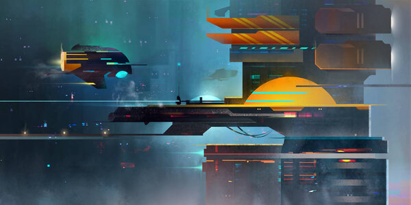 Нарисовал темный фантастический пейзаж. Космический порт в стиле киберпанка
.