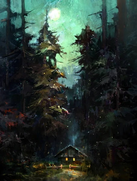 gece manzarası ev ve ay ile boyalı