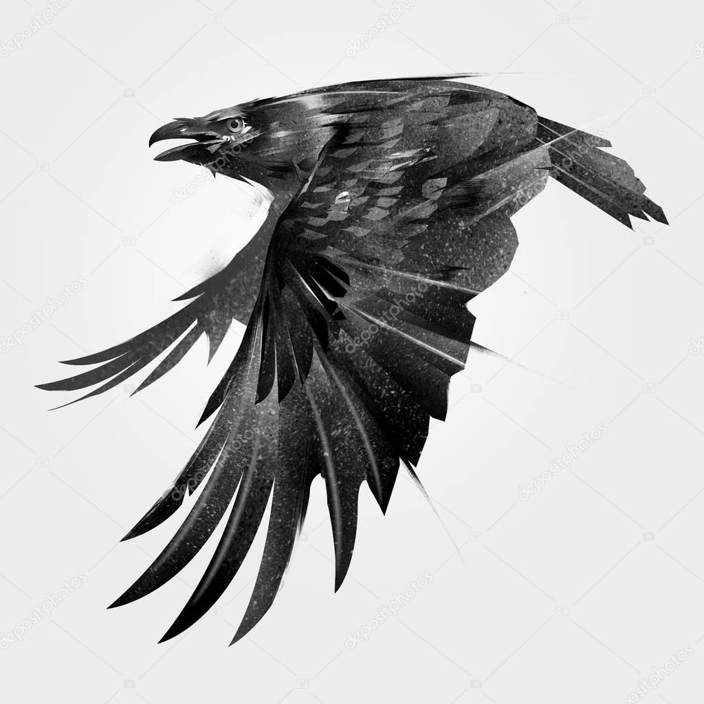 Art flying bird crow on the side