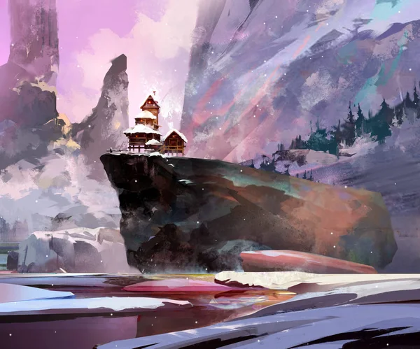 Paysage d'hiver peint avec une maison sur une falaise — Photo