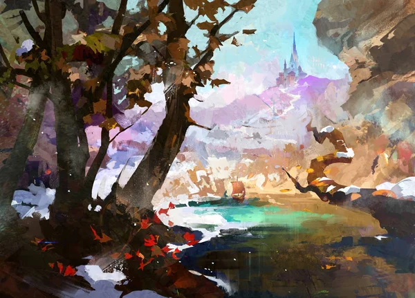 Нарисованный фантастический пейзаж с замком и деревьями — стоковое фото