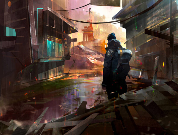 painted traveler in an abandoned city in the style of post-apocalypse