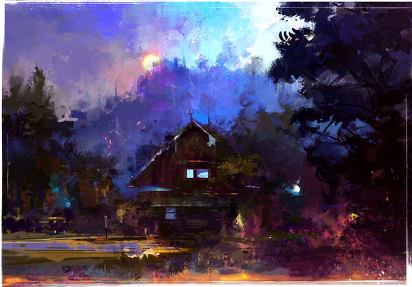 Bright sketch evening landscape with a hut in the forest