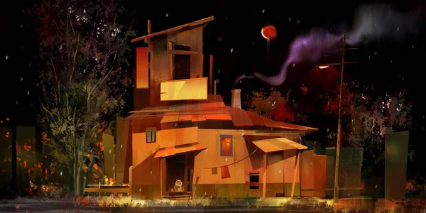 Malovaná barevná noční krajina s domem a kočkou — Stock fotografie