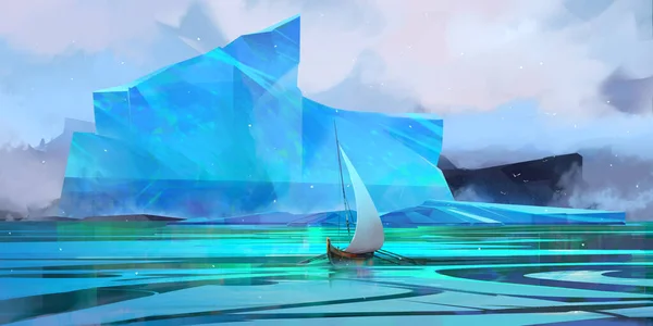 Painted winter seascape with iceberg and sail — Stock Fotó