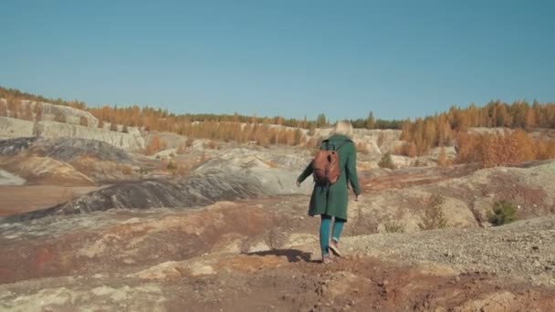 Jonge vrouw is wandelen door de prachtige woestijn landschap met heuvels — Stockvideo