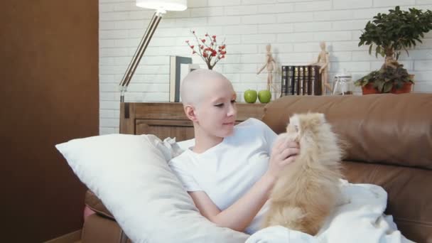 がん患者女ソファーで横になっていると、小さなかわいい犬と遊ぶ — ストック動画