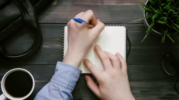 Mani maschili vista dall'alto scrittura in notebook su scrivania bianca dall'alto — Video Stock