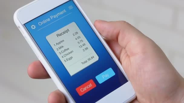 Payer la facture d'une épicerie en utilisant une application mobile sur un smartphone — Video