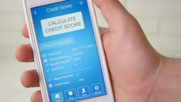 Überprüfung der Kreditwürdigkeit auf dem Smartphone mittels Anwendung. Das Ergebnis ist hervorragend — Stockvideo