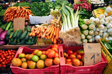 Taze sebze piyasada. Havuç, soğan, domates, turp, Pazar pazar İspanya, Mercadillo de Campo de Guardamar.