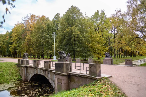 Saint Petersburg, carskie Sioło, Pushkin, Federacja Rosyjska. Dragon Bridge w parku Aleksander. — Zdjęcie stockowe