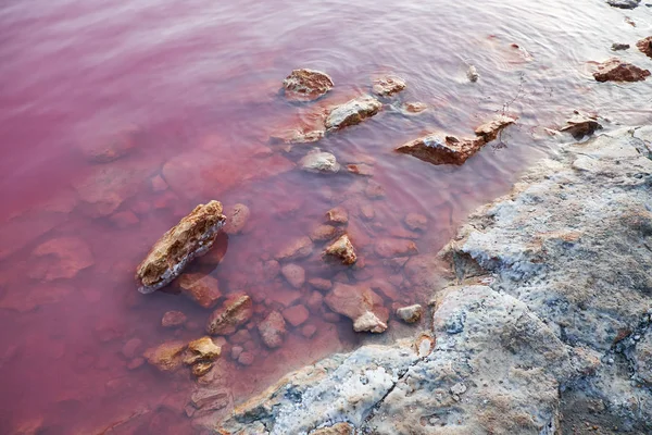 Some of the pitfalls with salt crust, being in pink water color. Las salinas, Torrevieja, Spain — Stock Photo, Image
