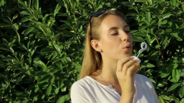 Cute girl blowing soap bubbles — Stock Video