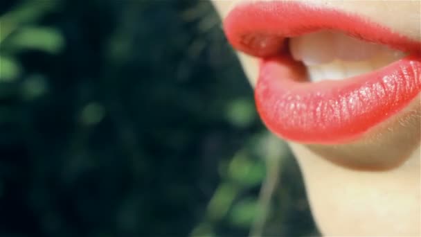 Close-up van de mond, meisje, praten, sensuele — Stockvideo