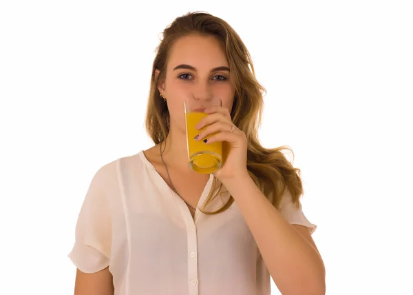 Young pretty girl, orange juice, white background — Stock Photo, Image