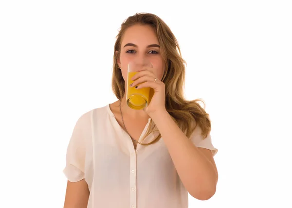 Young pretty girl, orange juice, white background — Stock Photo, Image