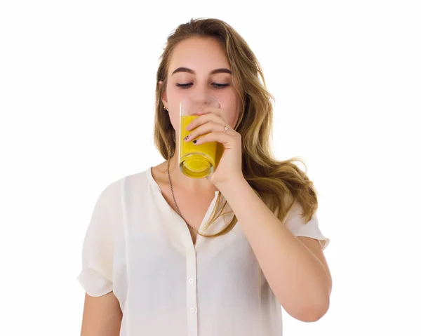 Young pretty girl, orange juice, white background — Stock Photo, Image