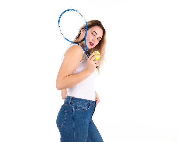 Joven Linda Chica Con Raqueta Tenis Aislado — Foto de Stock