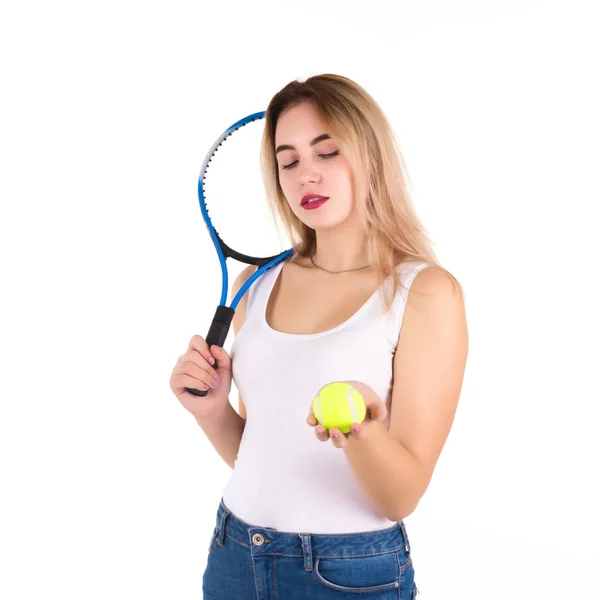 Joven Linda Chica Con Raqueta Tenis Aislado — Foto de Stock