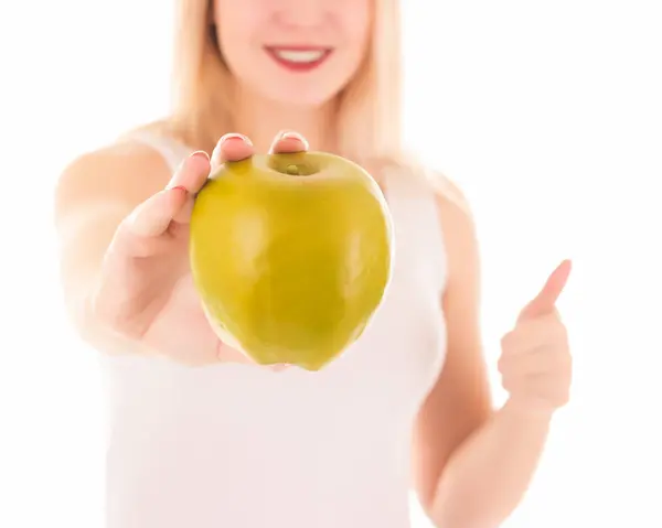 Hübsche Junge Frau Mit Einem Apfel Isoliert — Stockfoto