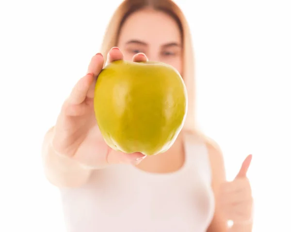 Hübsche Junge Frau Mit Einem Apfel Isoliert — Stockfoto