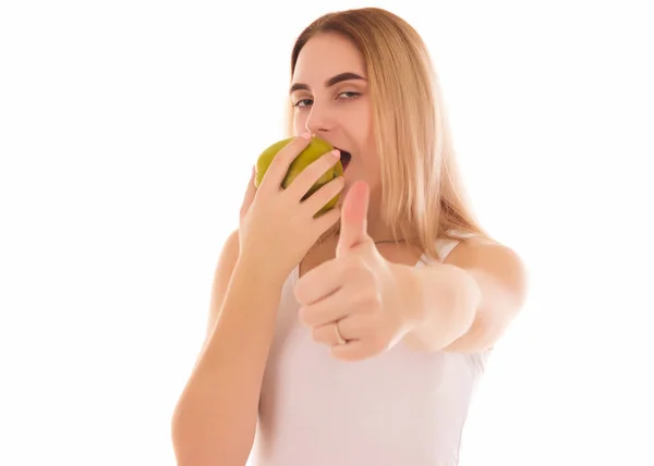 Dość Młoda Kobieta Jabłkiem Białym Tle — Zdjęcie stockowe